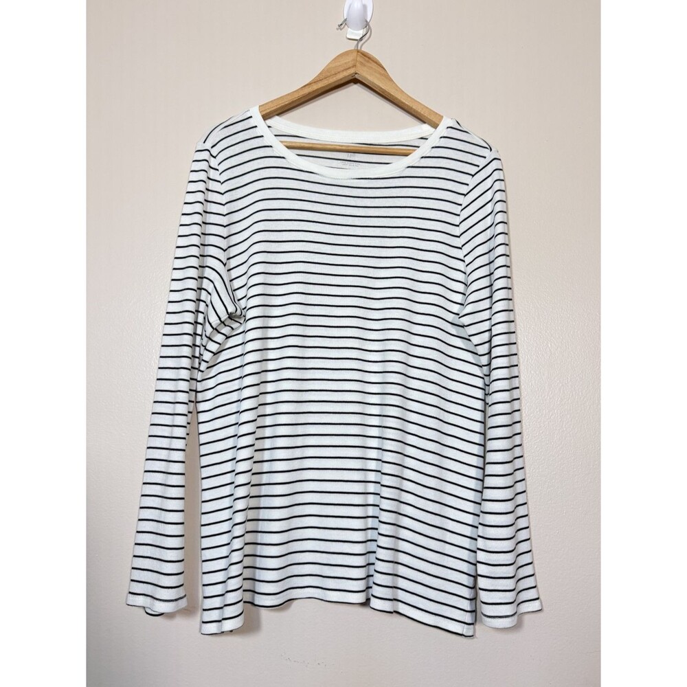 J.Jill Top Womens Large Black White Striped Long Sleeve Pima Crew-Neck Tee Shirt